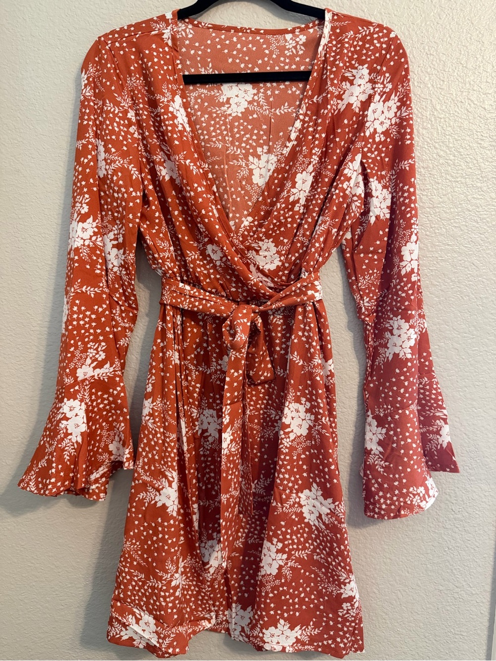 Rust Floral Wrap Dress with Belt